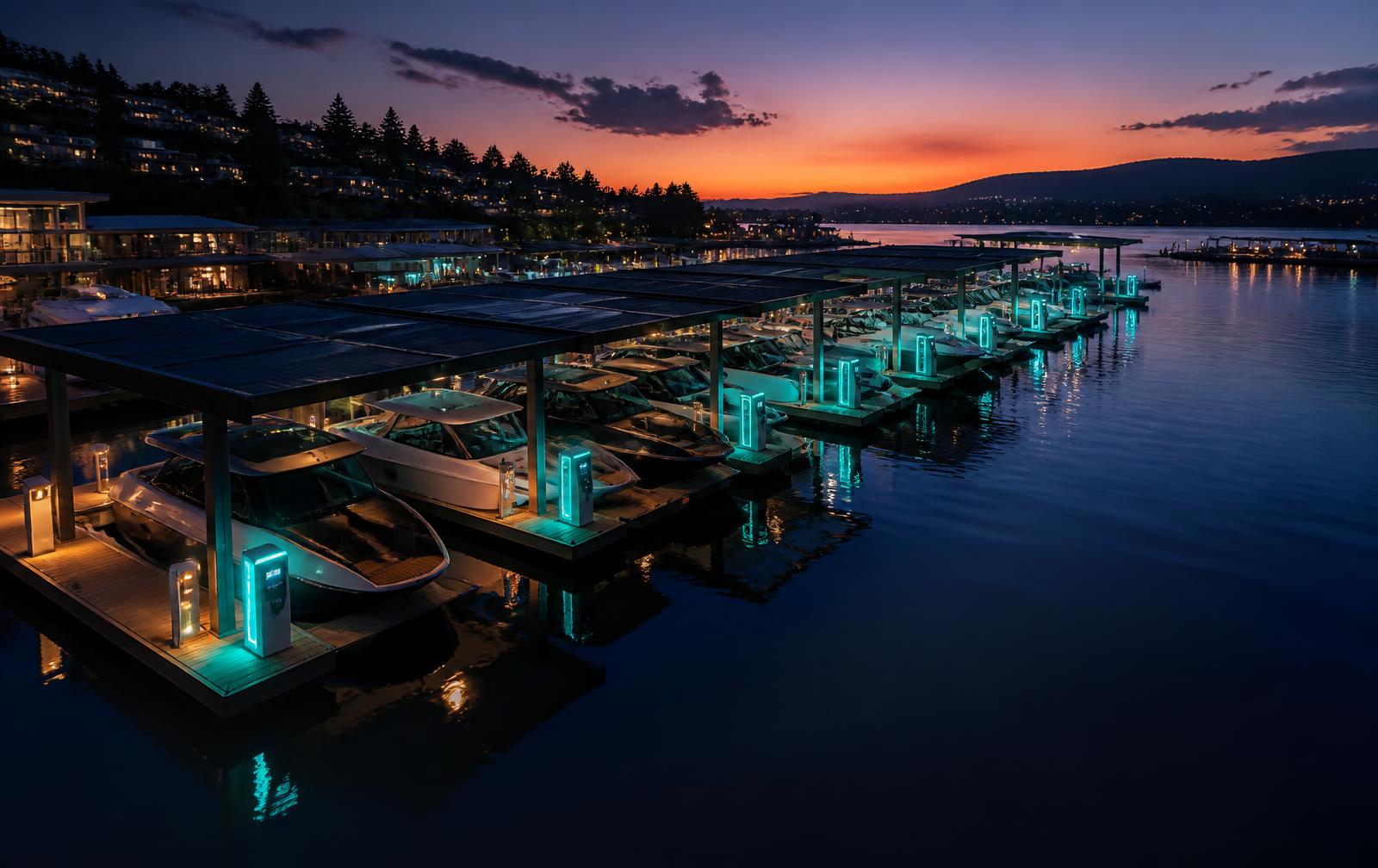Marina at dusk with electric boats in covered slips connected to lit shore power pedestals